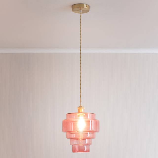 ValueLights Lane 5 Tier Pink Glass Shade Brushed Gold Single LED Ceiling Pendant Light - 135.5 x 23.5 x 23.5cm