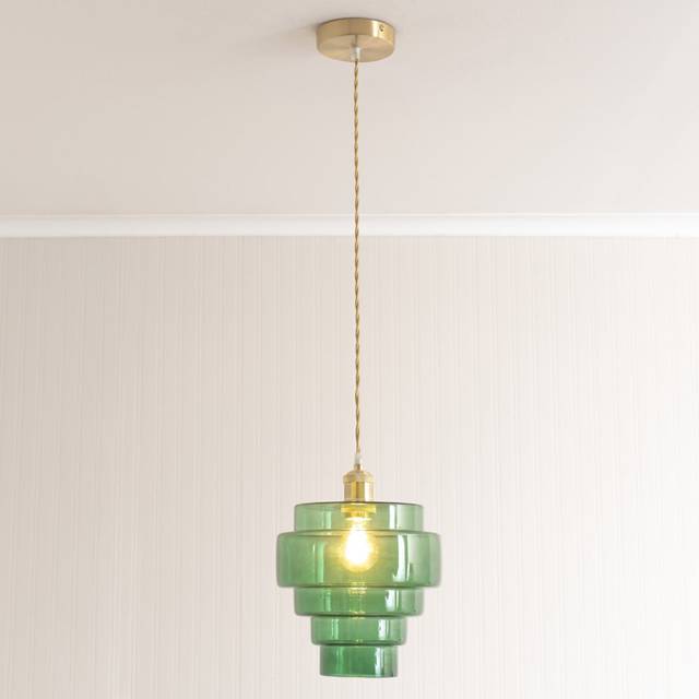ValueLights Lane Green Glass 5 Tier Gold Pendant Lamp Shade & Bulb