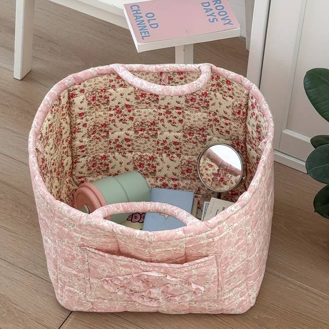 TEMU Vintage Floral Fabric Storage Basket – Large Capacity Organizer With Handles, French Country Style, Rectangular Design For Home, Clothes, And Accessories, Laundry Basket, Under-bed Storage