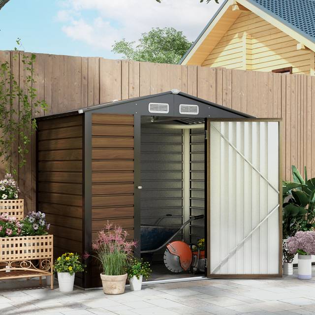 TEMU 4.3 X 6.2 Ft Garden Metal Shed, Outdoor Storage Shed With Ventilation Slots For Garden, Patio, Oak (not For Permanent Purposes, Removable)