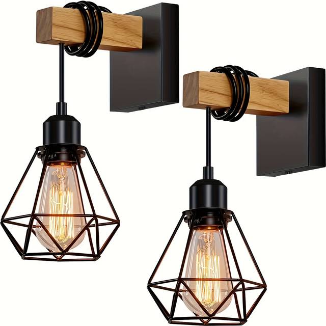 TEMU 2pcs Rustic Industrial Wall Sconce Set, Vintage Metal Cage Wall Lamp, Farmhouse Wall-mounted Lighting Fixture, Suitable For Bedroom, , Or Porch Decoration