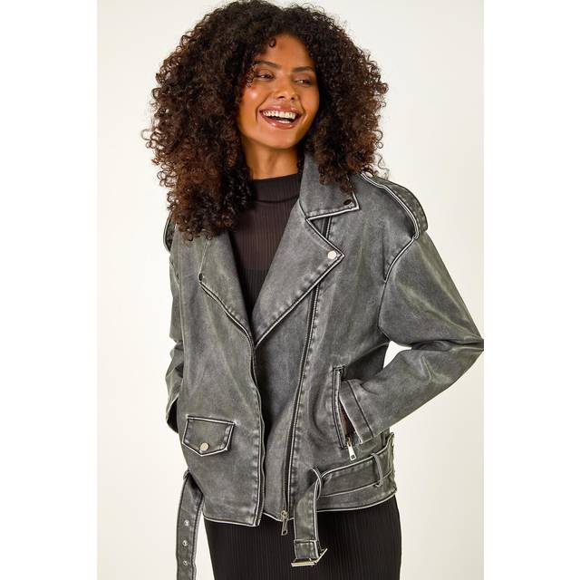 Dusk Womens Oversized Belt Biker Jacket - Grey - Size 14 UK