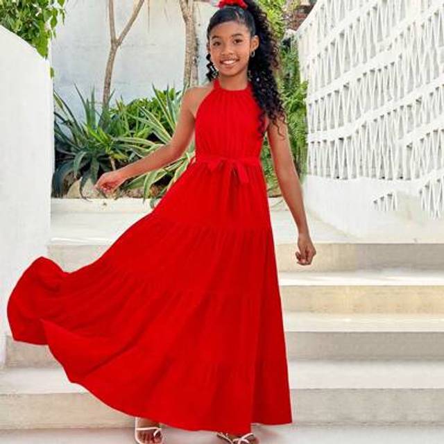 SHEIN Tween Girls Vacationing Casual Fashionable Solid Color Halter Crossover Chiffon Dress - Mommy And Me Matching Outfits (2 Pieces Sold Separately)