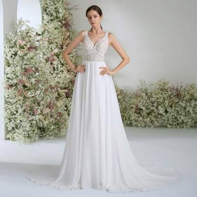 SHEIN Chiffon Double V-Neck Contrast Lace Elegant Formal Evening Prom Wedding Dresses, For Graduation, Dinner,Bride