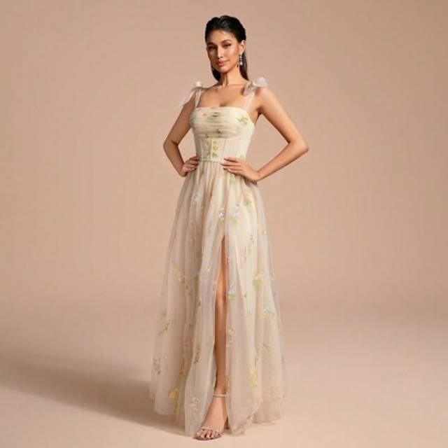 SHEIN Floral Embroidered Sheer Spaghetti Strap Tea Length Formal Cocktail Dress, Party Dress, Wedding Guest Dress, Prom Dress