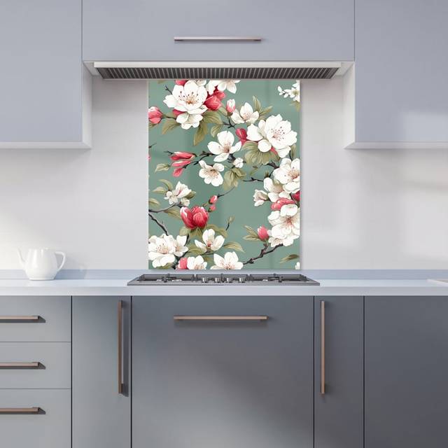 Warren Reed - Designer Pink And White Blossom Glass Bathroom Splashback, Multi