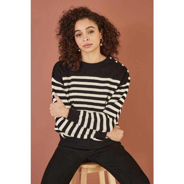 Yumi Womens Black Stripe Knitted Relaxed Jumper With Button Details - Size Small/Medium