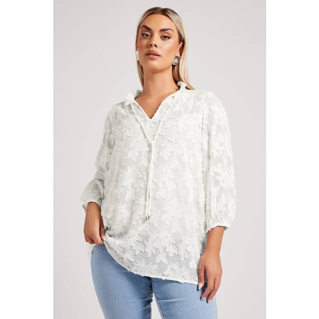 Yours London Curve White Floral Burnout Tie Neck Blouse, Women's Curve & Plus Size, Yours London - 22