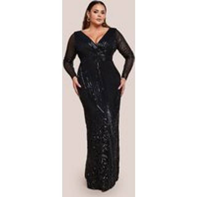 Long Sleeve Sequin V Wrap Maxi Dress - Black by Goddiva Plus - 20