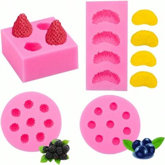 SHEIN 1/4PCS 3D Mini Fruit Strawberry Orange Raspberry Blueberry Shape Silicone Molds For DIY Cake Fondant Biscuit Cookies Soap Sugar Pudding Chocolate Hard