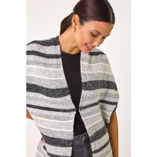 Roman Grey Striped Short Sleeve Knit Cardigan - Size 16
