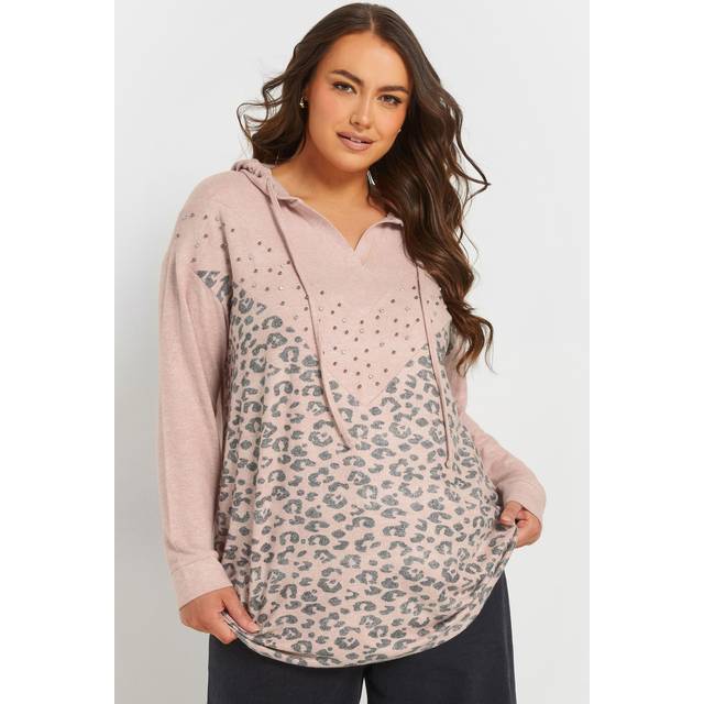 Yours Curve Pink Leopard Print Stud Hoodie, Women's Curve & Plus Size, Yours - 26-28