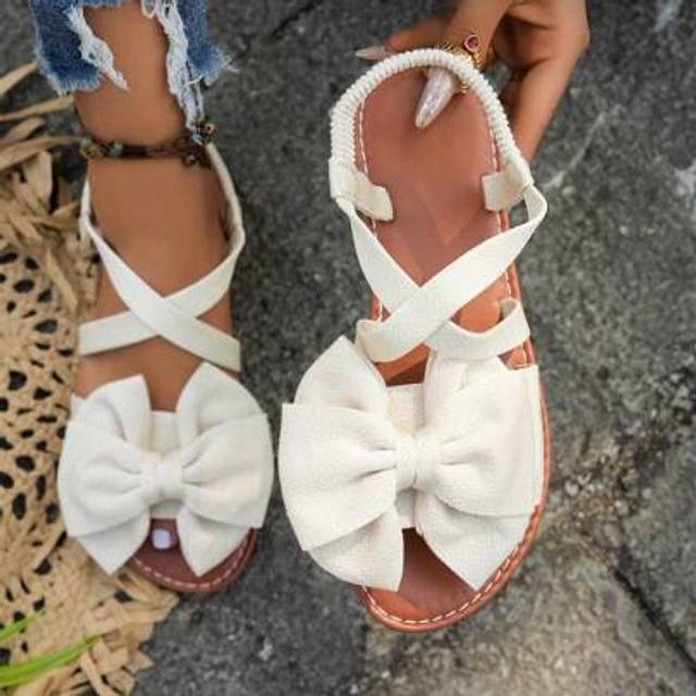 SHEIN Women&#39;s Cute Bow Flat Sandals, Solid Color Elegant Open Toe Sandals, Criss-Cross Ankle Strap Design, Casual Outdoor Beach Slippers