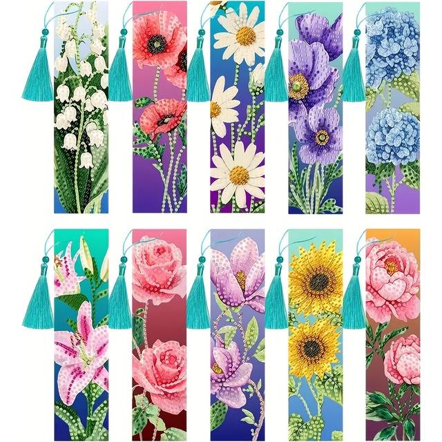 TEMU 10pcs Flower Themed Diamond Painting Bookmark Kits With Tassels, Diy Craft Set With Special Shaped Acrylic Diamonds, Suitable For Book Lovers And , Durable Diamond Painting Bookmark