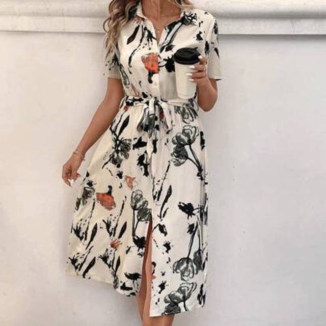 Luneh Casual Women Short Sleeve Midi Floral Print Shirt Dress Derby Dress Business Attire Women Floral Women Clothing Summer Summer Dresses For Women Summer