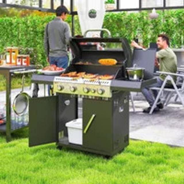 Outsunny 4+1 Burner Gas Bbq Grill With Clear View Lid, Portable Gas Barbecue Grill With Built-in Thermometer, Side Table, Cabinet, Wheels, Grease Tray