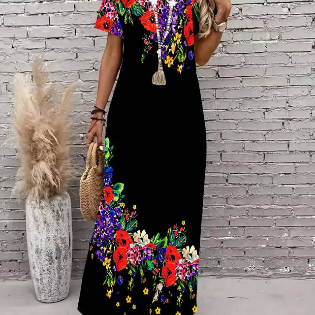 TEMU Women's Elegant Floral Print V-neck Midi Dress With Short Sleeves - Black, Summer Fashion, Adult Female Dress| Dress Design|colorful Flower Pattern, Cute Summer Dresses
