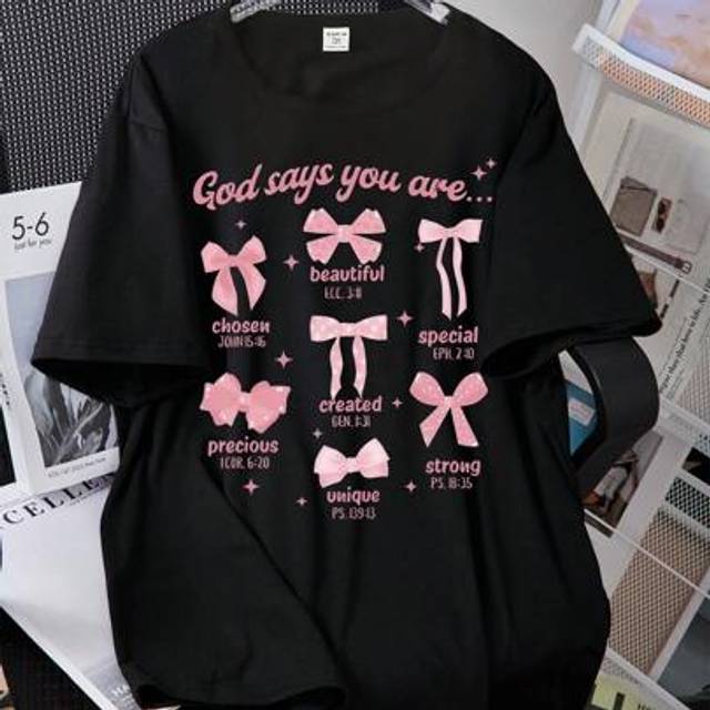SHEIN Teen Girl Casual & Fashionable Bowknot Grid Letter Graphic Print Short Sleeve T-Shirt