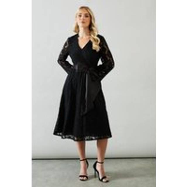 Womens Petite Long Sleeve Satin Belt Lace Midi Dress - Black - 12