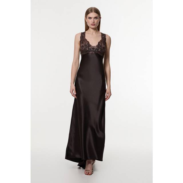 Tall Satin Guipure Lace Woven Maxi Slip Dress - Brown