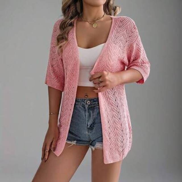 SHEIN Women&#39;s Pink Hollow Out Short Sleeve Knit Cardigan, Lightweight Outwear, Suitable For Beach/Holiday, Summer