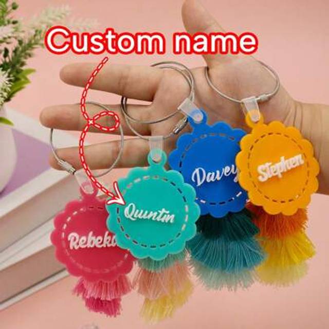 SHEIN 1/2Pcs Personalized Acrylic Keychain With Tassel - Customized Name And Number, Macaroon Color, Perfect For Backpacks And Gifts, Ideal For Halloween An