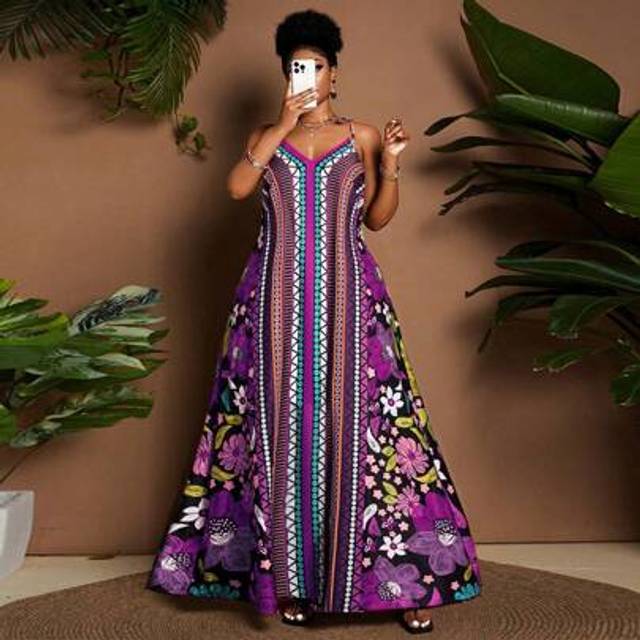 Maweii Plus Size Women&#39;s Holiday Shoulder Strap V-Neck Colorful Bohemian Pattern Beach Maxi Dress, New Design For Spring/Summer Vacation
