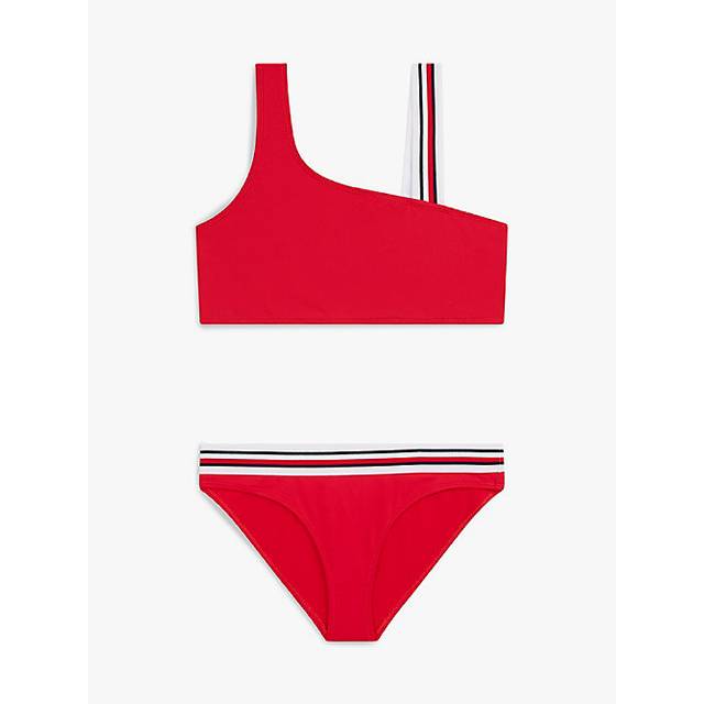 Tommy Hilfiger Girl's Girls Global Stripe One Shoulder Bikini Set, Red - Red/Red - Size: 10 years/11 years/12 years