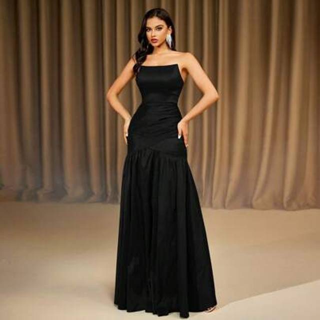 SHEIN Black Strapless Asymmetrical Long Banquet Evening Dress