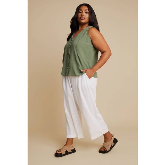 Yours Curve White Linen Cropped Wide Leg Trousers, Women's Curve & Plus Size, Yours - 22-24