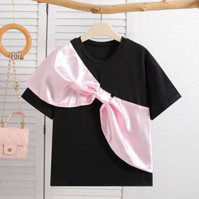SHEIN Oversized Black T-Shirt For Tween Girls Knit Fabric, Big Bow Decor, Fashionable With Pink Accent, Cute & Casual Style, Suitable For Spring/Summer/Autu