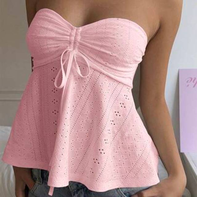CovetEZ Women Drawstring Casual Pink Knit Bandeau Top,Rave Top,Tube Top