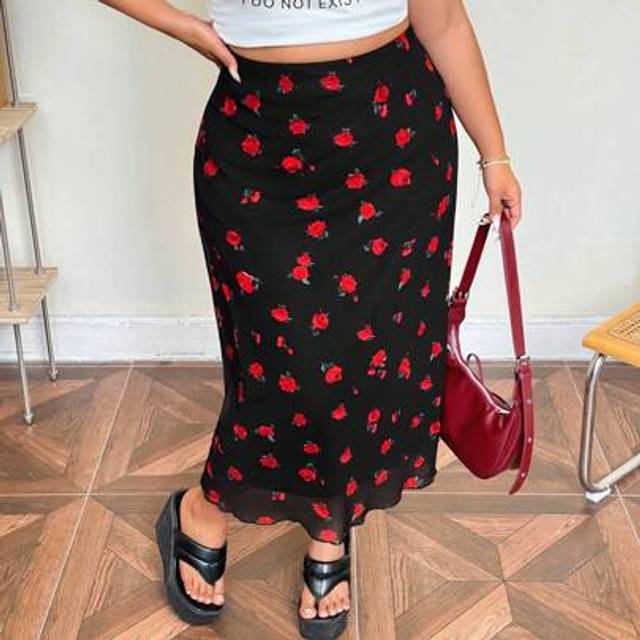SHEIN Plus Size Summer Black Mesh Midi Ditsy Floral Casual/Holiday Skirt