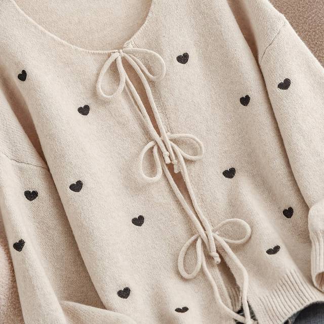 TEMU Women's Elegant Heart- Cardigan With Front Bow Tie Detail - Soft Round Neck Spring/fall Sweater, Chic Layering Piece For Casual Or Dressy Outfits, Sweater Cardigan
