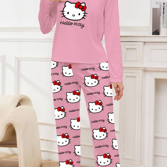 TEMU Hello Kitty Ladies' Printed Pajama Set, Long Sleeve Round Neck Top And Pants, Comfortable Loose Fit, Autumn/winter Collection
