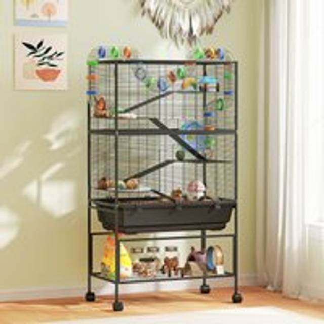 PawHut Hamster Cage, 5 Tier Large Gerbil Cage on Wheels with 17 cm Deep Tray, Black