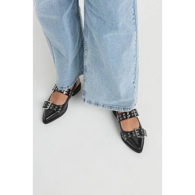 Black Buckle Detail Pointed Slingback Flats In Wide E Fit - 6E