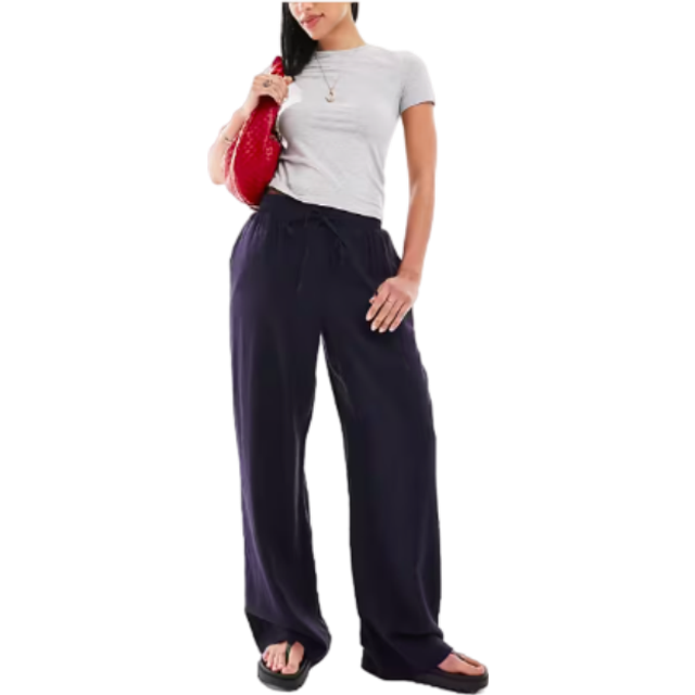 New Look Women's Navy Linen Blend Drawstring Waist Trousers - UK 16