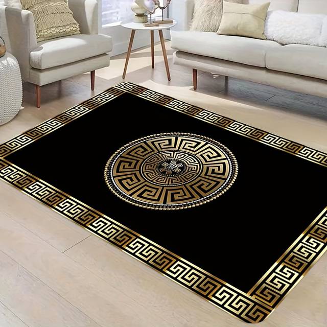 TEMU 1pc Elegant Black & Golden Patterned Kitchen Floor Mat - 1.1cm Thick, Durable Polyester, Machine Washable, Ideal For Kitchen, Living Room, Porch, Balcony & Home Decor, Kitchen Floor Mat