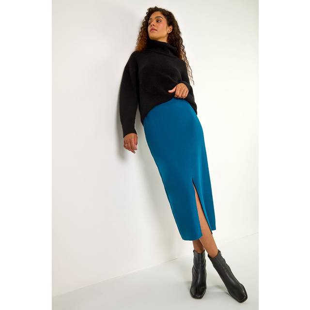 Front Split Knitted Midi Skirt - Denim Blue - Size 14 - Roman