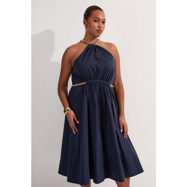 Plus Size Cotton Poplin Chain Halter Woven Maxi Dress - Navy