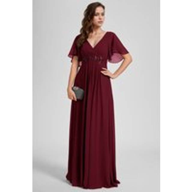 Elegant spring V Neck Ruffle Sleeve Appliques Ruched Maxi Chiffon Wedding guest dress - Burgundy - 20