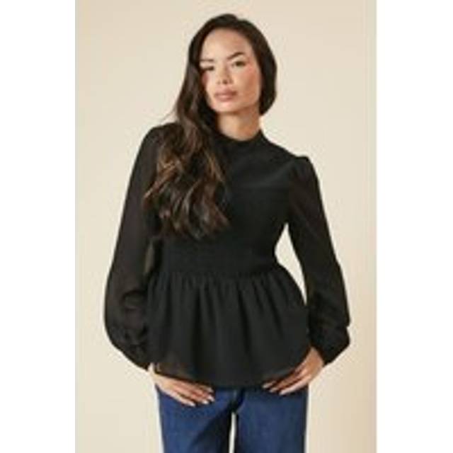 Womens Shirred Front And Back Long Sleeve Blouse - Black - 14