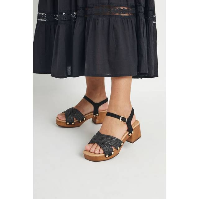 Black Cross Over Platform Wooden Clog Sandals In Wide E Fit - 4E