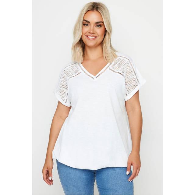 Yours Curve White Crochet Bubble Hem Tshirt, Women's Curve & Plus Size, Yours - 18