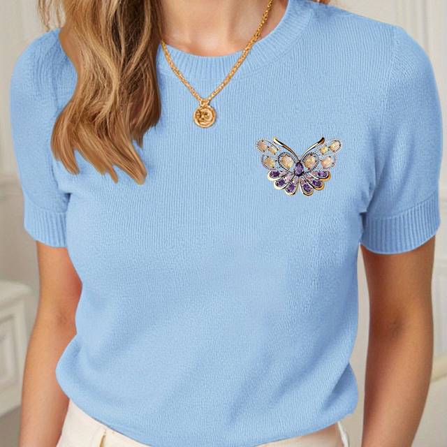 TEMU Stylish And Trendy Women's Short-sleeve Round-neck Sweater With Unique Alternative Print, Showcasing A And Mature