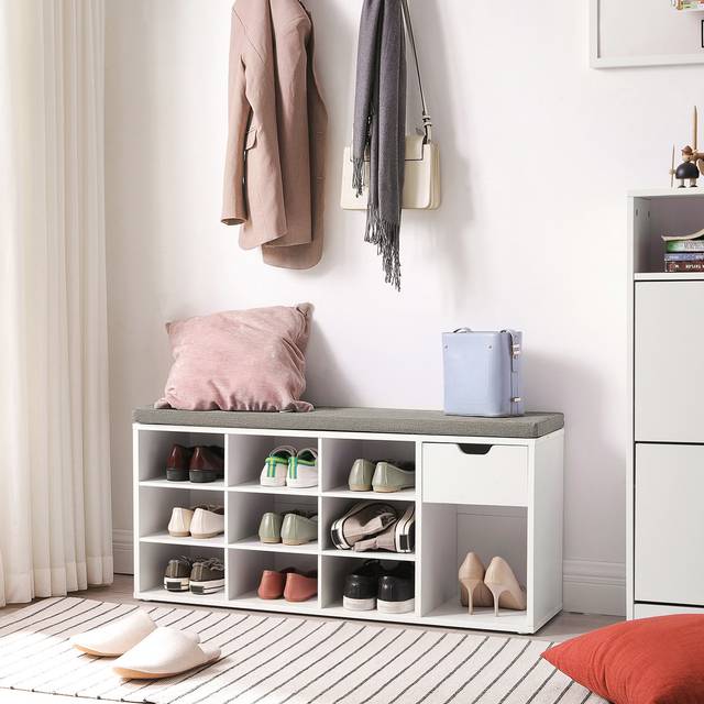 TEMU Entryway Storage Bench With Cushion, Drawer And Open Compartments, White And Gray