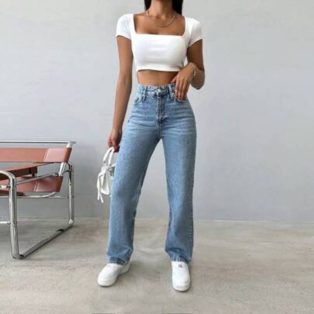 SHEIN Petite High Waist Snow Wash Straight Jean Work Clothes Women Women Clothing Jeans Jeans Women High Waist
