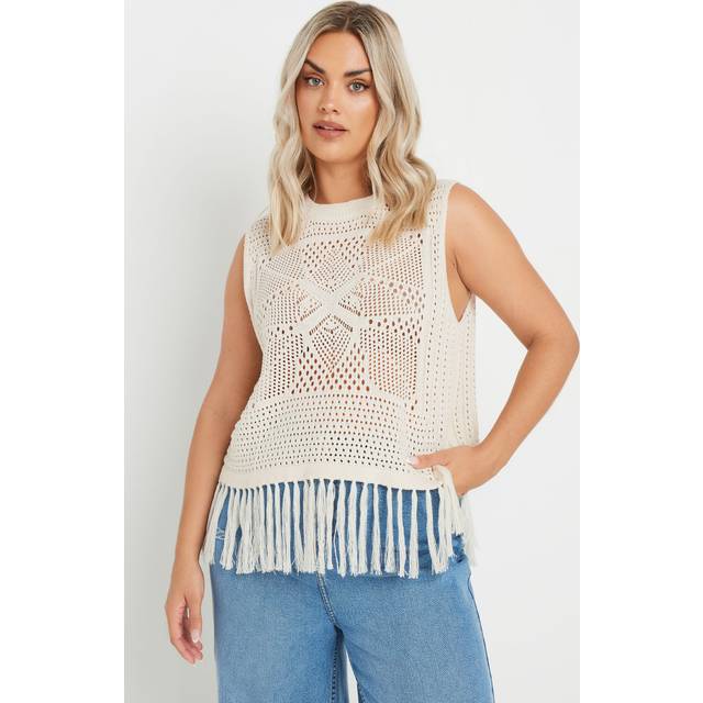 Yours Curve White Crochet Fringe Vest Top, Women's Curve & Plus Size, Yours - 18-20