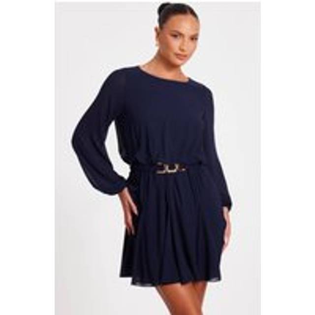 QUIZ Navy Chiffon Long Sleeve Skater Dress - 12